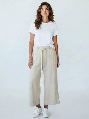 Joie Cream Linen Blend Cropped Wide Leg Pants Tie Waist Womens XL Pockets